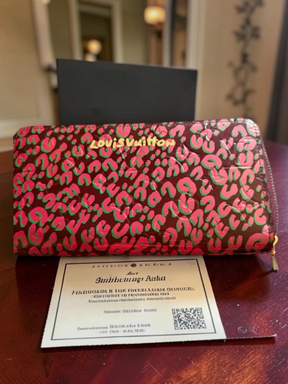 Louis Vuitton Brown Wallet with Pink and Green Leopard Print